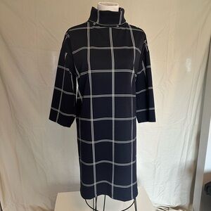 LOFT navy window pane turtleneck 60s inspired shift mod dress mini XL white